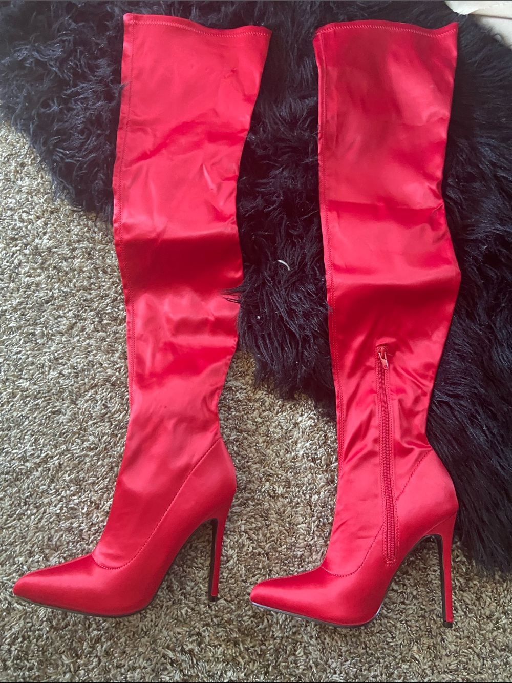 Red Satin Over-the-Knee Stiletto Boots - Women